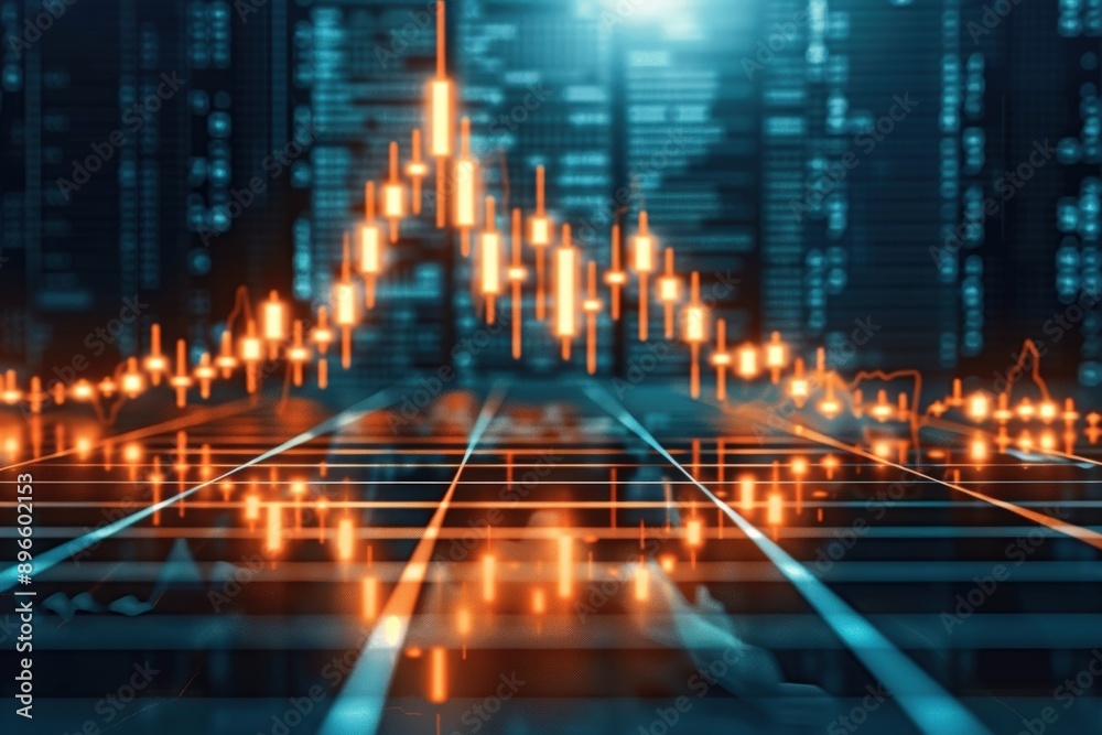 Fototapeta premium Dynamic financial graph with glowing candlesticks representing data trends in a modern digital environment.