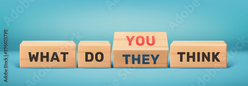Bandwagon Effect. Banner with words What They Think and What You Think. Psychological phenomenon of following trends and behavior of most people. Herd mentality. Realistic 3D vector illustration