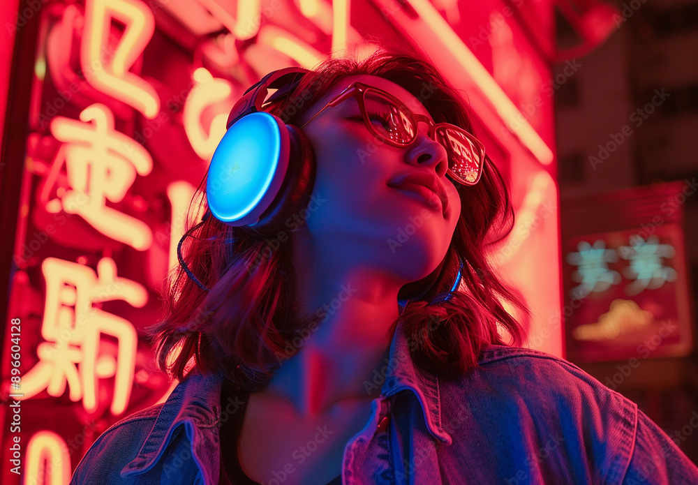 Young Woman Enjoying Music with Neon Lights in Urban Setting Young Woman Enjoying Music with Neon Lights in Urban Setting