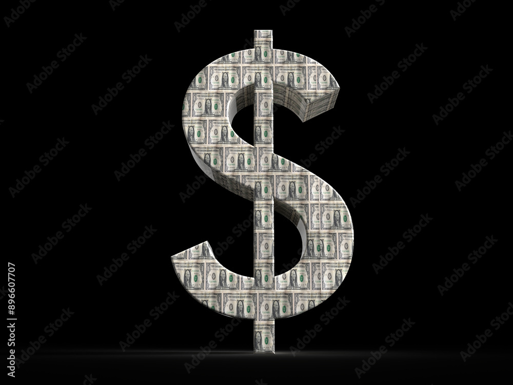 Fototapeta premium Dollar sign made of hundred dollar bills standing on black background