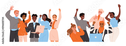 Set of business teams celebrating success. Happy people entrepreneurs or office workers raising hands up. Colleagues rejoice at achieving success. Flat vector illustration isolated on white background