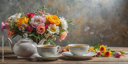 Still life arrangement with a teapot, tea cup, saucer, and fresh flowers on a table, tea, flowers, still life, arrangement, teapot © Udomner
