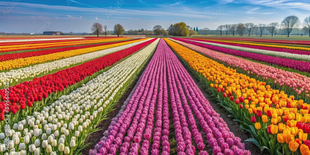 Field of colorful tulips in the Netherlands, arranged in long rows with various shapes and hues , Tulips, Netherlands, field Field of colorful tulips in the Netherlands, arranged in long rows with various shapes and hues , Tulips, Netherlands, field