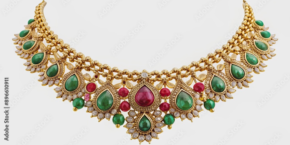 Gold necklace adorned with emerald diamonds and rubies, jewelry, luxury, elegance, precious stones, gemstones, fashion Gold necklace adorned with emerald diamonds and rubies, jewelry, luxury, elegance, precious stones, gemstones, fashion