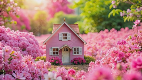 Fototapeta Naklejka Na Ścianę i Meble -  Pink house surrounded by a garden full of pink flowers, pink, house, garden, flowers, pink house, pink garden, bloom