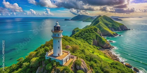 Iconic Con Dao lighthouse overlooking the turquoise sea and lush green landscape, Con Dao, Vietnam, lighthouse, landmark photo