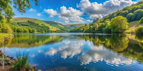 Tranquil lakeside view in Dale, South Wales, UK during the summer, nature, water, reflection, serene, peaceful, landscape