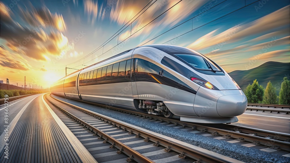 Naklejka premium Sleek and aerodynamic modern high-speed train traveling on tracks, transportation, speed, rail, technology, travel