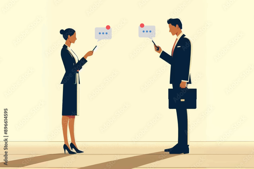 Fototapeta premium Two business professionals in formal attire sending messages on smartphones, illustrating modern communication and office life.
