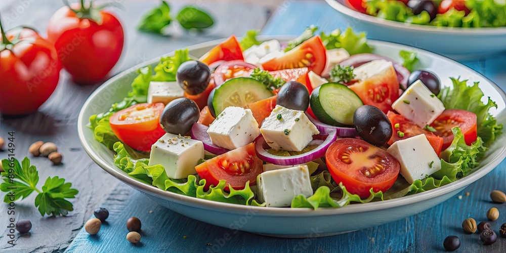 Fresh Greek salad with chunks of feta cheese, ripe tomatoes, and crisp cucumber, Greek, salad, feta cheese Fresh Greek salad with chunks of feta cheese, ripe tomatoes, and crisp cucumber, Greek, salad, feta cheese