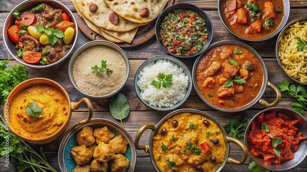 Various Indian curry dishes displayed in an assortment , Indian, curry, assortment, spicy, flavorful, vegetarian Various Indian curry dishes displayed in an assortment , Indian, curry, assortment, spicy, flavorful, vegetarian