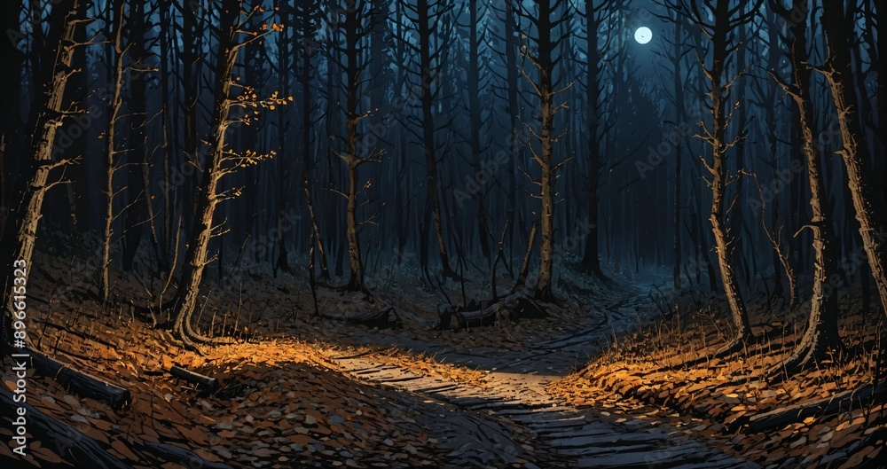 autumn stone sidewalk path in the woods under night sky and full moon. fall forest cobblestone road in park with lanterns and orange dead trees and leaves. autumn stone sidewalk path in the woods under night sky and full moon. fall forest cobblestone road in park with lanterns and orange dead trees and leaves.