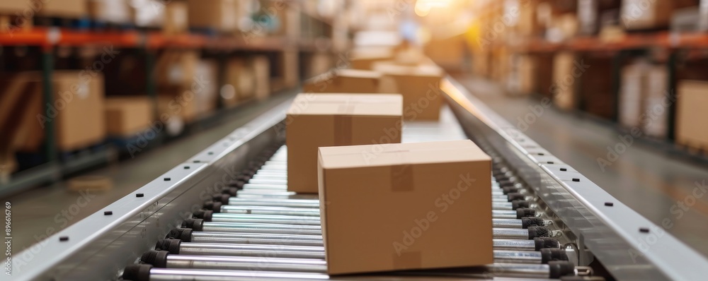 Cardboard boxes on a conveyor belt in a distribution warehouse at sunset, logistics and shipping concept