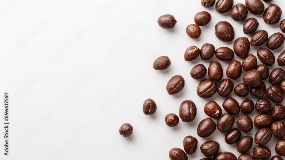 Dark chocolate covered peanuts on white background with space for text Dark chocolate covered peanuts on white background with space for text