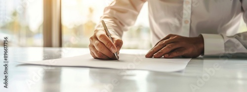 Person writing on paper at table with pen in office environment businesswork space with professional writing documents during busy day photo