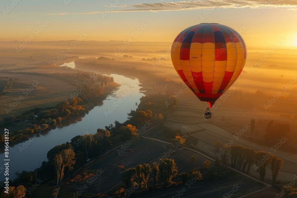 Obraz premium Hot air balloon flight over a river at sunrise.