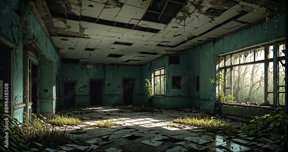 abandoned room hallway interior of building cabin resort school hotel house with window view of woods forest nature trees. abandoned room hallway interior of building cabin resort school hotel house with window view of woods forest nature trees.