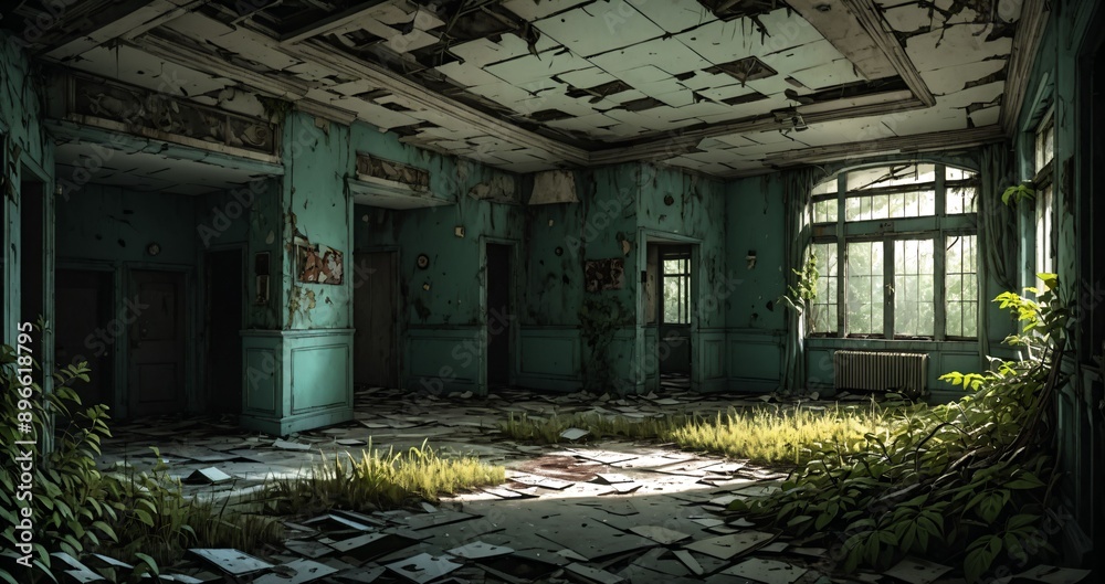 abandoned room hallway interior of building cabin resort school hotel house with window view of woods forest nature trees. abandoned room hallway interior of building cabin resort school hotel house with window view of woods forest nature trees.