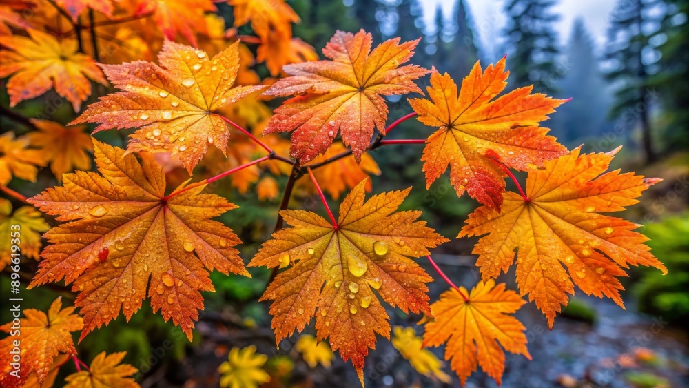 Vibrant orange and yellow vine maple leaves adorned with sparkling raindrops capture autumn's essence in Mount Rainier National Park's serene and misty Washington landscape. Vibrant orange and yellow vine maple leaves adorned with sparkling raindrops capture autumn's essence in Mount Rainier National Park's serene and misty Washington landscape.