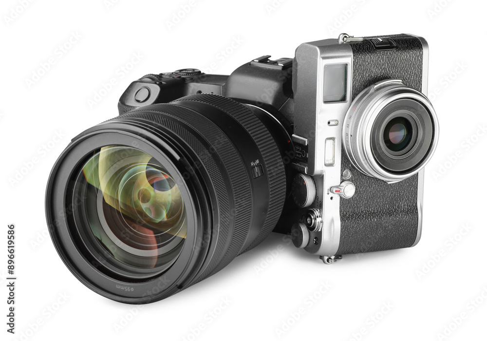Fototapeta premium Modern cameras isolated on white. Photographer's equipment