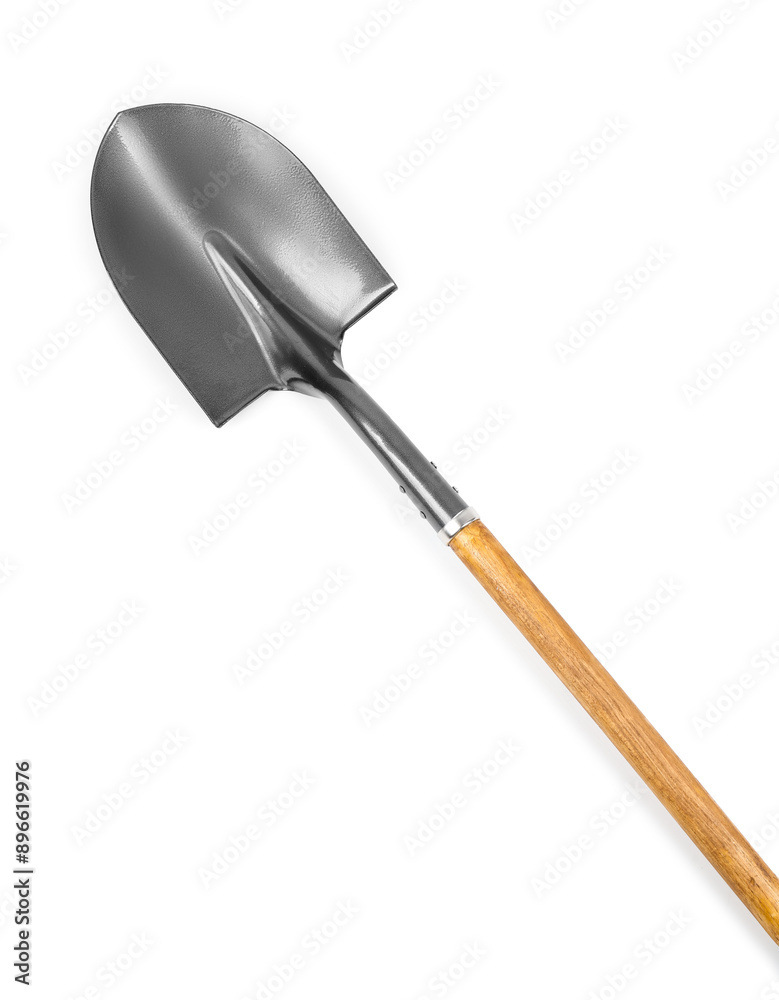 Metal shovel with wooden handle isolated on white, top view Metal shovel with wooden handle isolated on white, top view