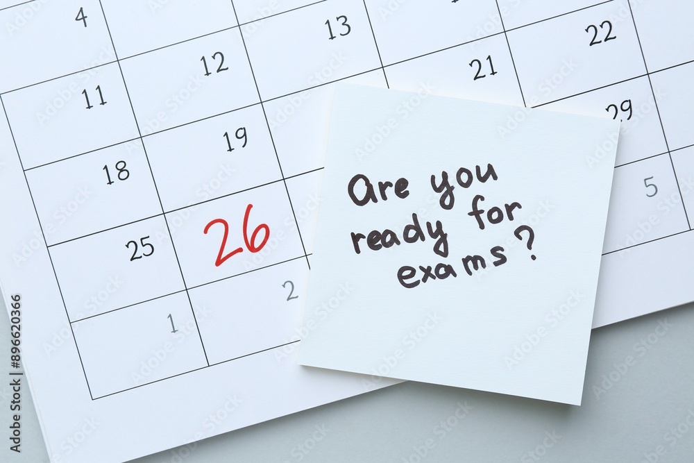 Paper note with question Are You Ready For Exams and stationery on grey background, flat lay Paper note with question Are You Ready For Exams and stationery on grey background, flat lay