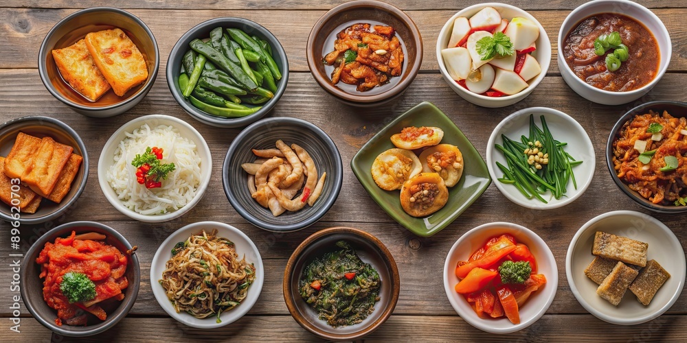 Assorted Korean banchan dishes on background, Korean, traditional, side dishes, appetizers, cuisine Assorted Korean banchan dishes on background, Korean, traditional, side dishes, appetizers, cuisine