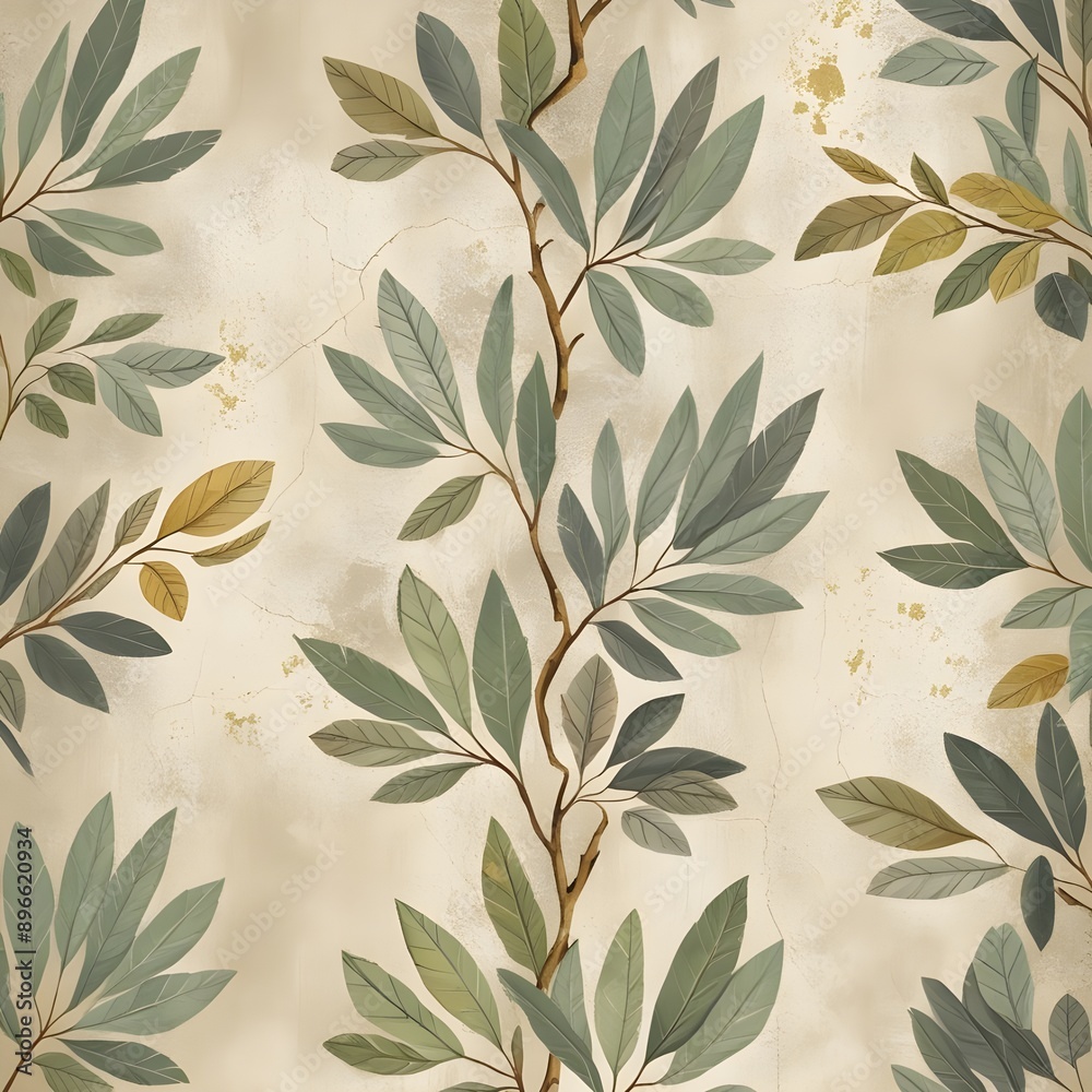 Tree leaves on a grunge texture background, wallpaper for interiors. Vintage green wallpaper for classical design interior design or oriental design Generative AI Tree leaves on a grunge texture background, wallpaper for interiors. Vintage green wallpaper for classical design interior design or oriental design Generative AI