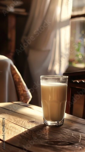A perfectly chilled glass of milk on a rustic wooden breakfast table, morning sunlight streaming in.