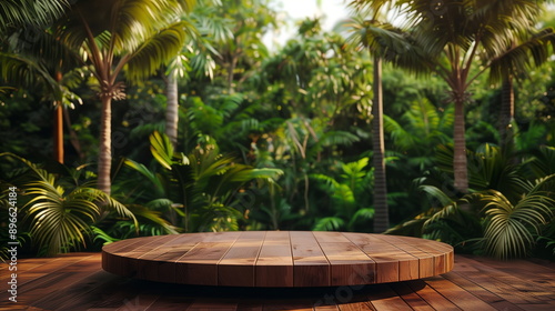 Fototapeta Naklejka Na Ścianę i Meble -  3d podium made of wood with forest background for product display promotion