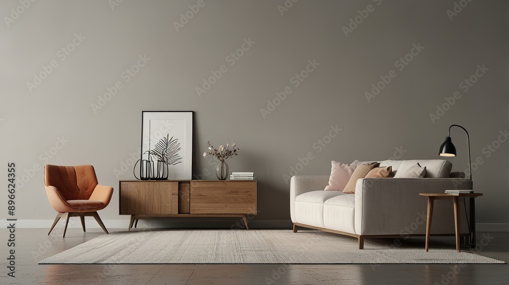 Aesthetic bright sunny elegant home living room interior design with comfortable lounge chair, hat, side table, flowers bouquet, shelf with decorations. interior design Aesthetic bright sunny elegant home living room interior design with comfortable lounge chair, hat, side table, flowers bouquet, shelf with decorations. interior design