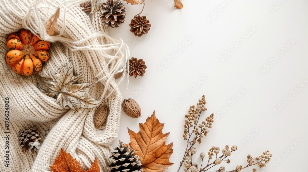 Handmade fall decor with cozy vibes on white background Handmade fall decor with cozy vibes on white background