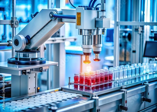 closeup shot of an automated liquid handling robot in medical lab, processing samples to detect specific biomarkers for early cancer identification. The precision and efficiency of the photo