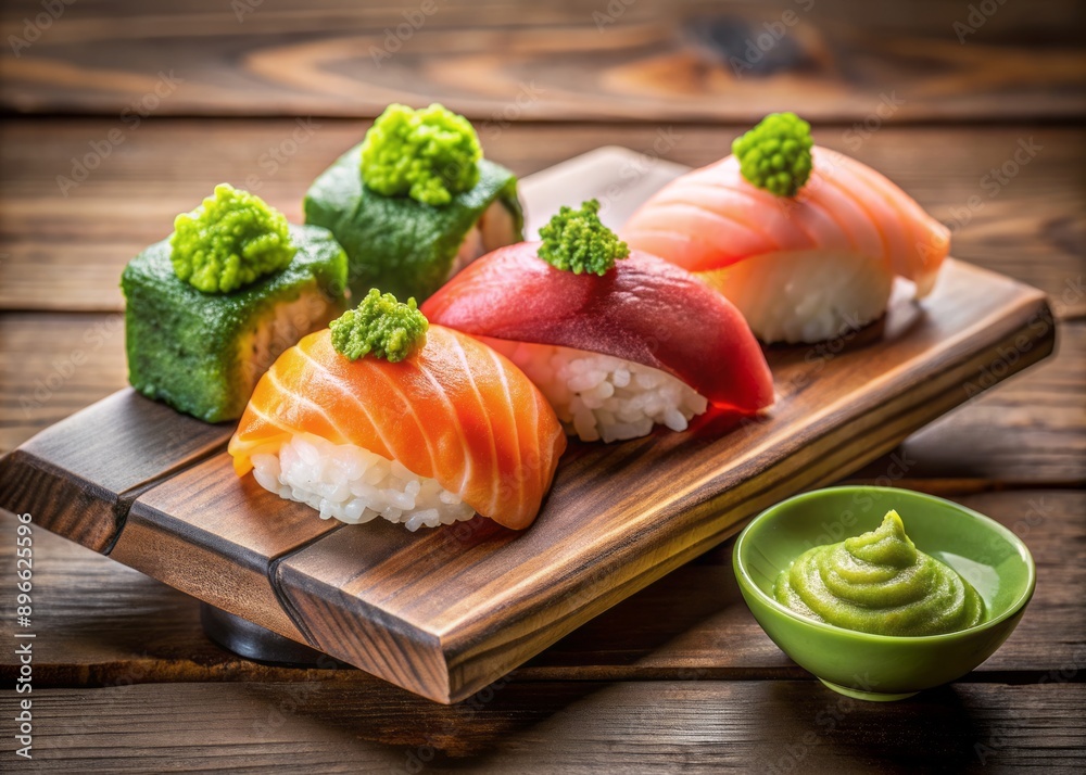Delicate arrangement of fresh nigiri sushi, vibrant green wasabi, and pickled ginger on a rustic wooden plate, set against a subtle restaurant backdrop. Delicate arrangement of fresh nigiri sushi, vibrant green wasabi, and pickled ginger on a rustic wooden plate, set against a subtle restaurant backdrop.