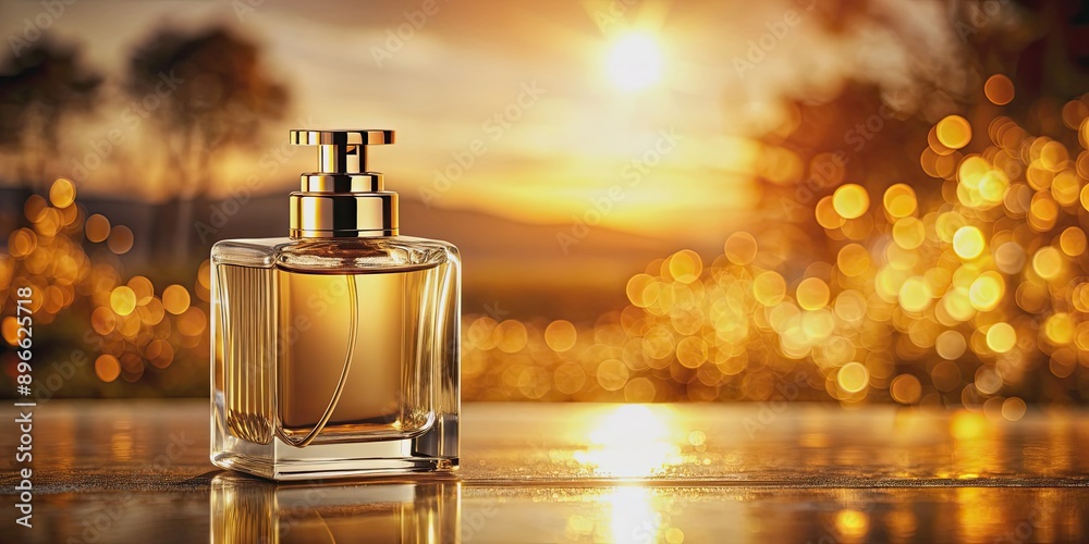 Luxurious gold perfume bottle on display during golden hour, luxury, gold, perfume, mockup Luxurious gold perfume bottle on display during golden hour, luxury, gold, perfume, mockup