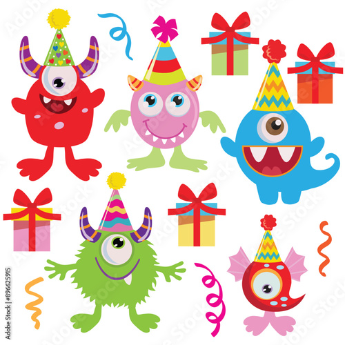 Funny birthday monsters vector cartoon illustration