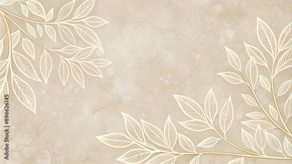 Fototapeta premium Elegant luxury wedding invitation card design featuring abstract botanical leaf branch contour drawing in line art texture with subtle white florals on creamy background.