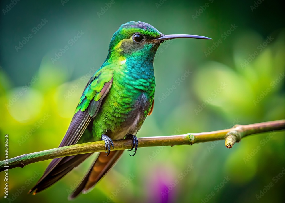 Fototapeta premium Vibrant green hummingbird with iridescent feathers and long beak perches on a delicate branch against a transparent background, showcasing its miniature beauty.