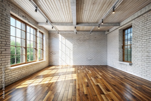 Sleek and modern empty room with a rustic touch featuring white brick walls and rich wooden flooring, perfect for interior design inspiration.