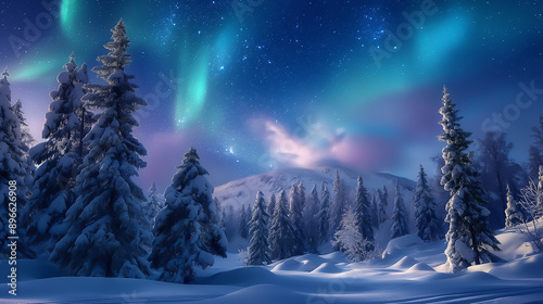 Northern Lights over a snow-covered forest, star-filled sky © Hatai