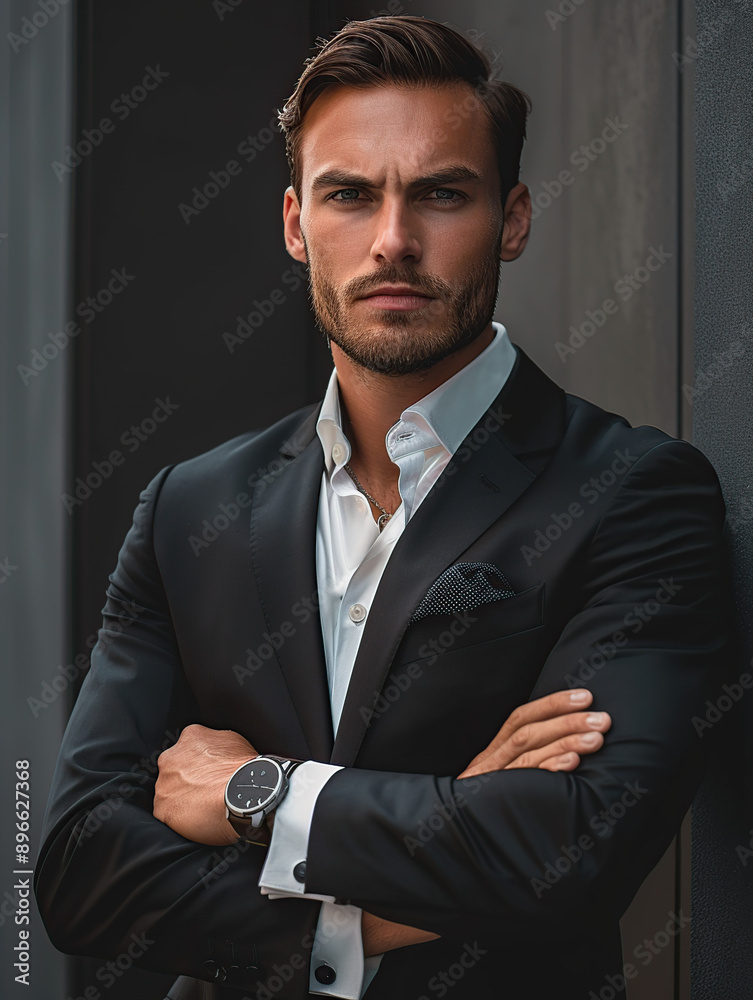 A handsome man in a suit, with his arms crossed and looking at the camera A handsome man in a suit, with his arms crossed and looking at the camera