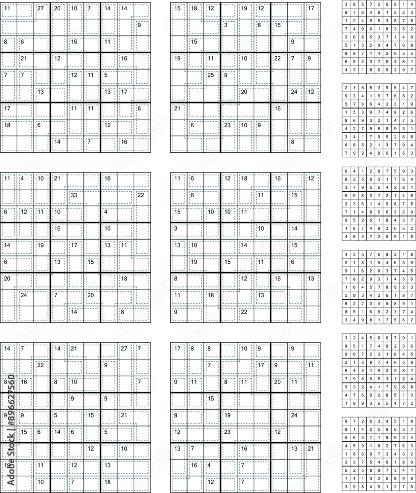Fototapeta premium Killer Sudoku game set with answers.