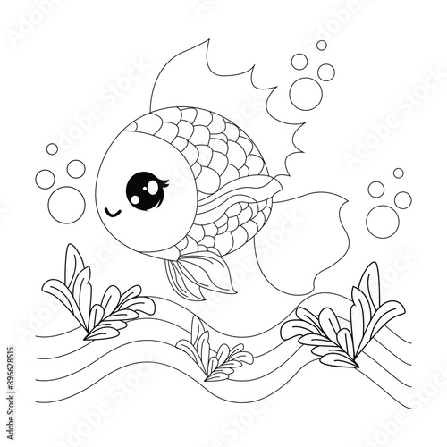 Little Cute Cartoon Fish Line Art For Kids Coloring Page.