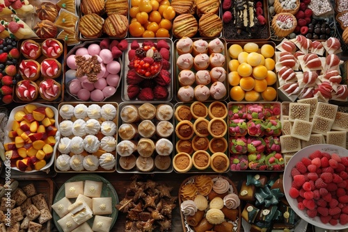 Assortment of gourmet sweets and desserts in a bakery display.