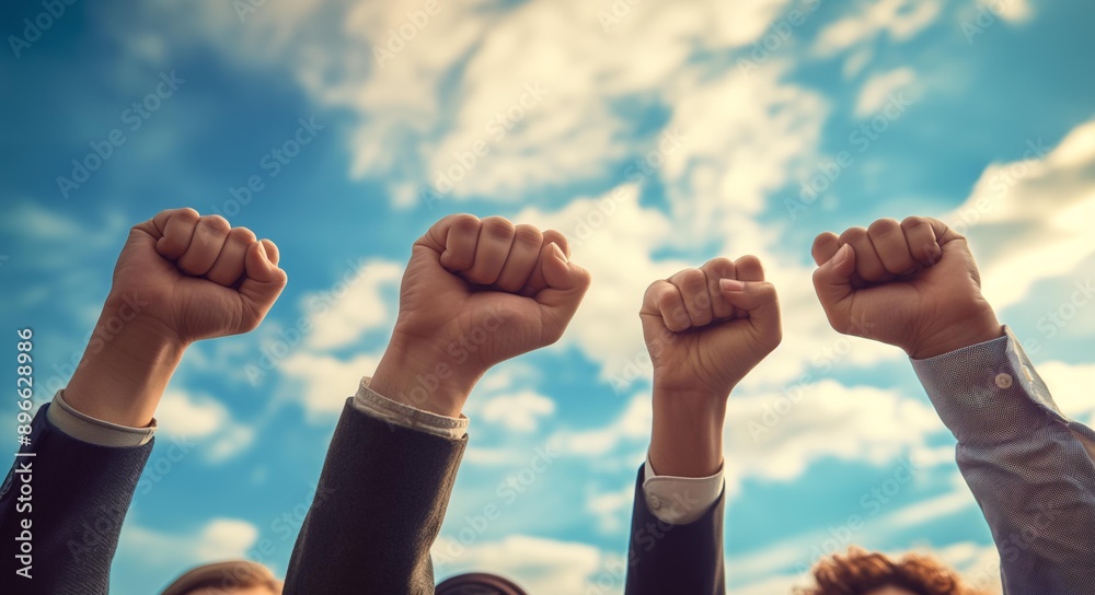 Group of business people raising their fists towards a blue sky with clouds, symbolizing unity and celebration. Group of business people raising their fists towards a blue sky with clouds, symbolizing unity and celebration.