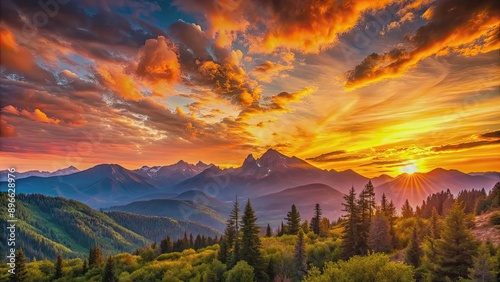 Sunset casting warm hues over the mountains, creating a serene and picturesque scene, mountains, sunset, evening, warm © Udomner