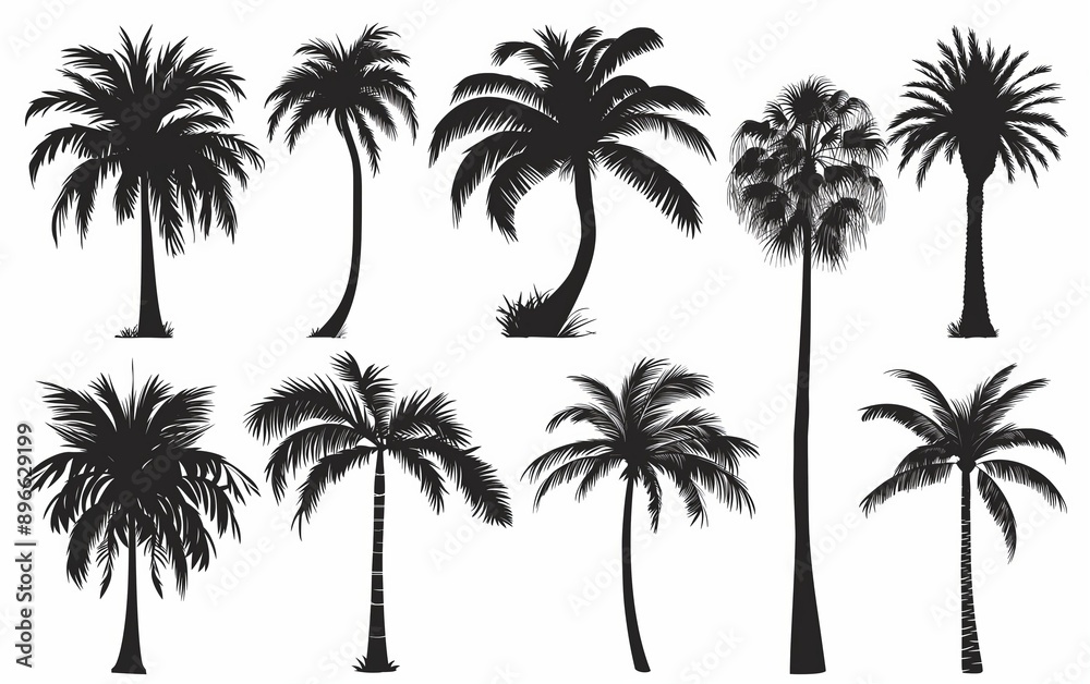 A set of isolated black vector silhouettes of various palm tree designs on a white background. A set of isolated black vector silhouettes of various palm tree designs on a white background.