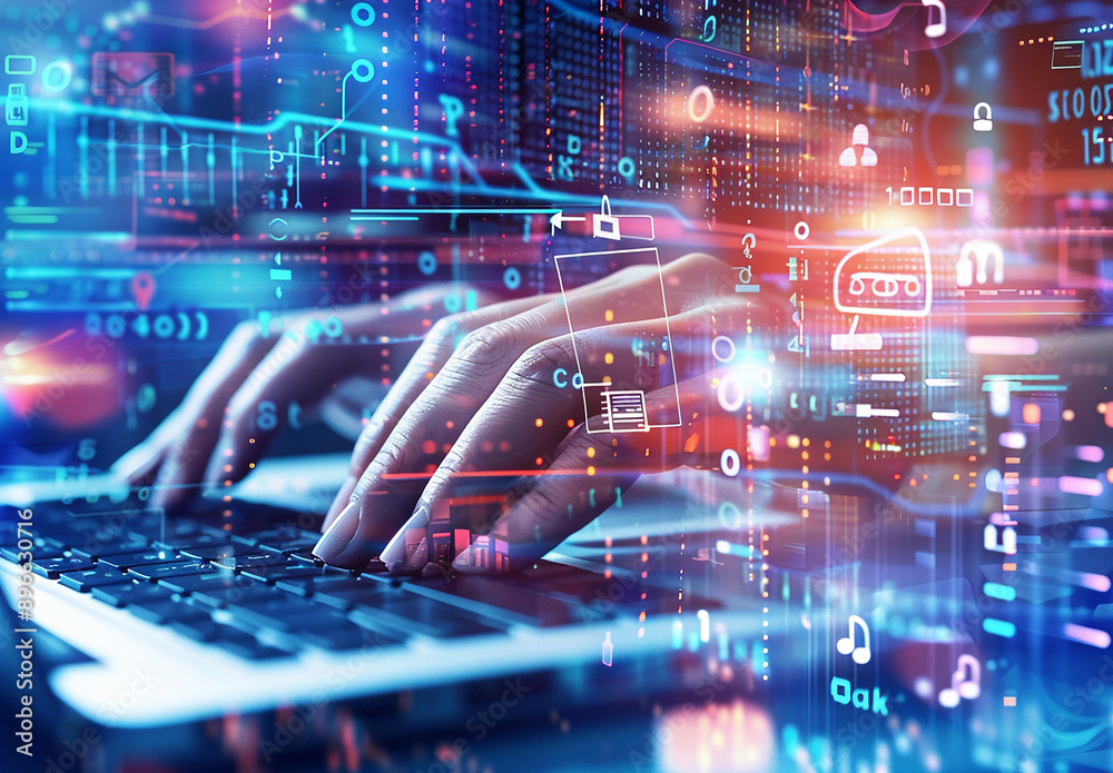 Obraz premium Hands Typing on Laptop with Futuristic Digital Interface and Cybersecurity Icons