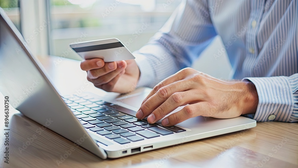 Close up of hands holding credit card and typing on keyboard for online payment, online shopping, technology Close up of hands holding credit card and typing on keyboard for online payment, online shopping, technology