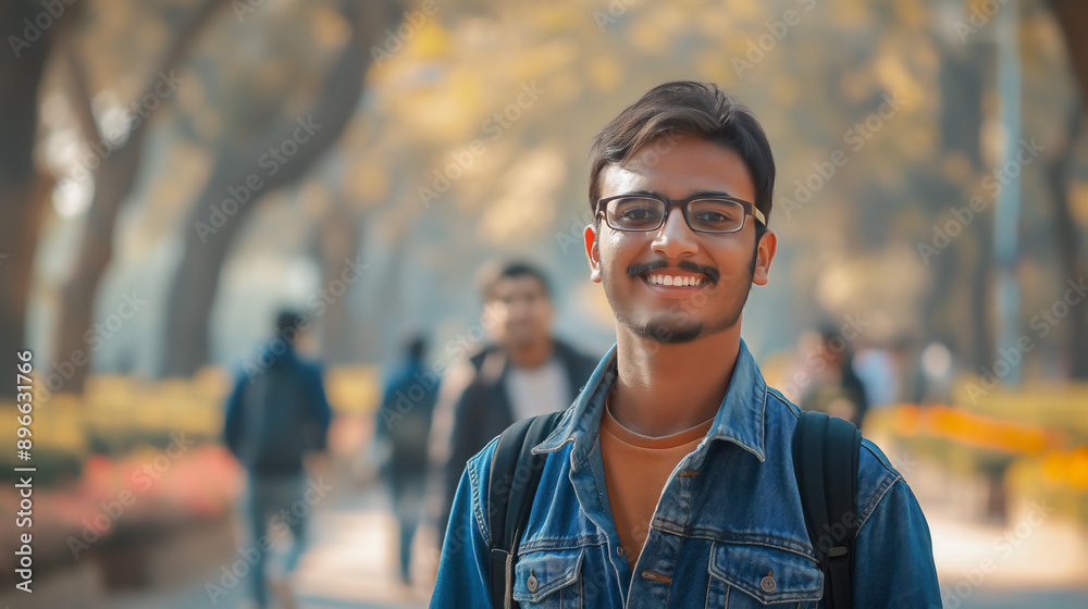 Portrait of young Asian Indian young man standing on college campus, copy space Portrait of young Asian Indian young man standing on college campus, copy space